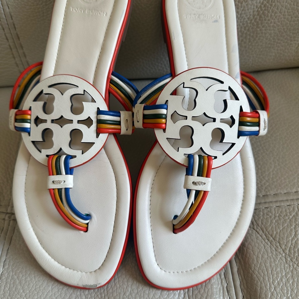 Tory Burch Mignon White Rainbow Multi Color Miller Sandals 8 Millers RARE